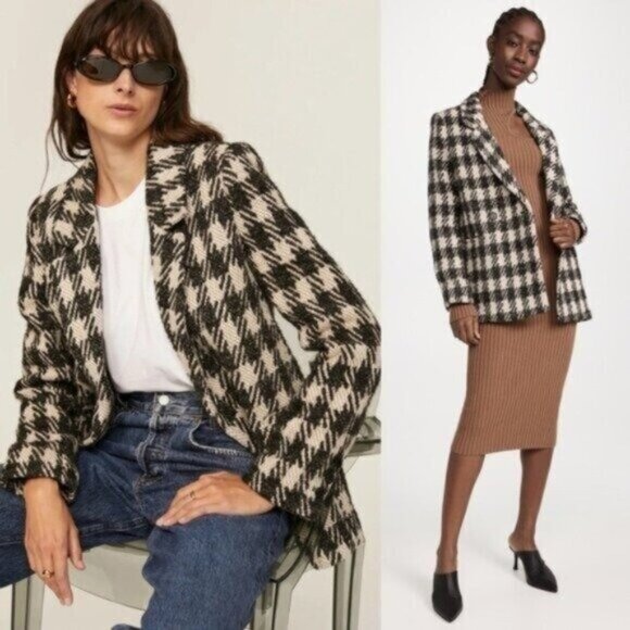 Anine Bing Diana Houndstooth Plaid Black Tan Double Breasted Blazer Size XL - Picture 1 of 14